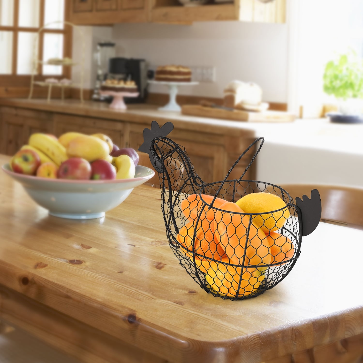 Chicken Egg Basket, Egg Storage Holder with Handle for Eggs, Fruits, Vegetables, Metal Wire Mesh Chicken Decor for Kitchen Table Countertop, Farmhouse Rustic Style, Brown