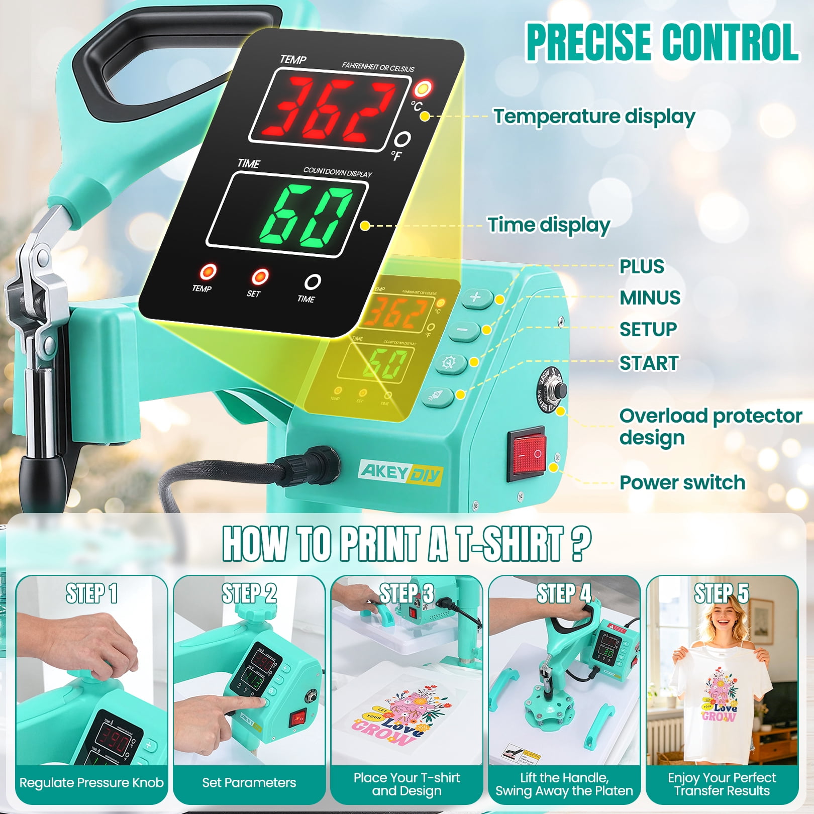 Adnoom Heat Press 15x15, 8 in 1 Multifunctional Shirt Press Machine Combo, 360° Swing Away Sublimation Heat Transfer with LED Display for T-shirts Mugs Hat Plate Cap, Green