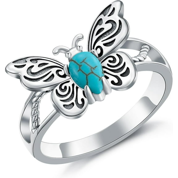 THOYAS Butterfly Ring for Women 925 Sterling Silver Natural Turquoise Butterfly Ring Victorian Style Western Promise Statement Ring Turquoise Jewelry Gifts for Mom Wife