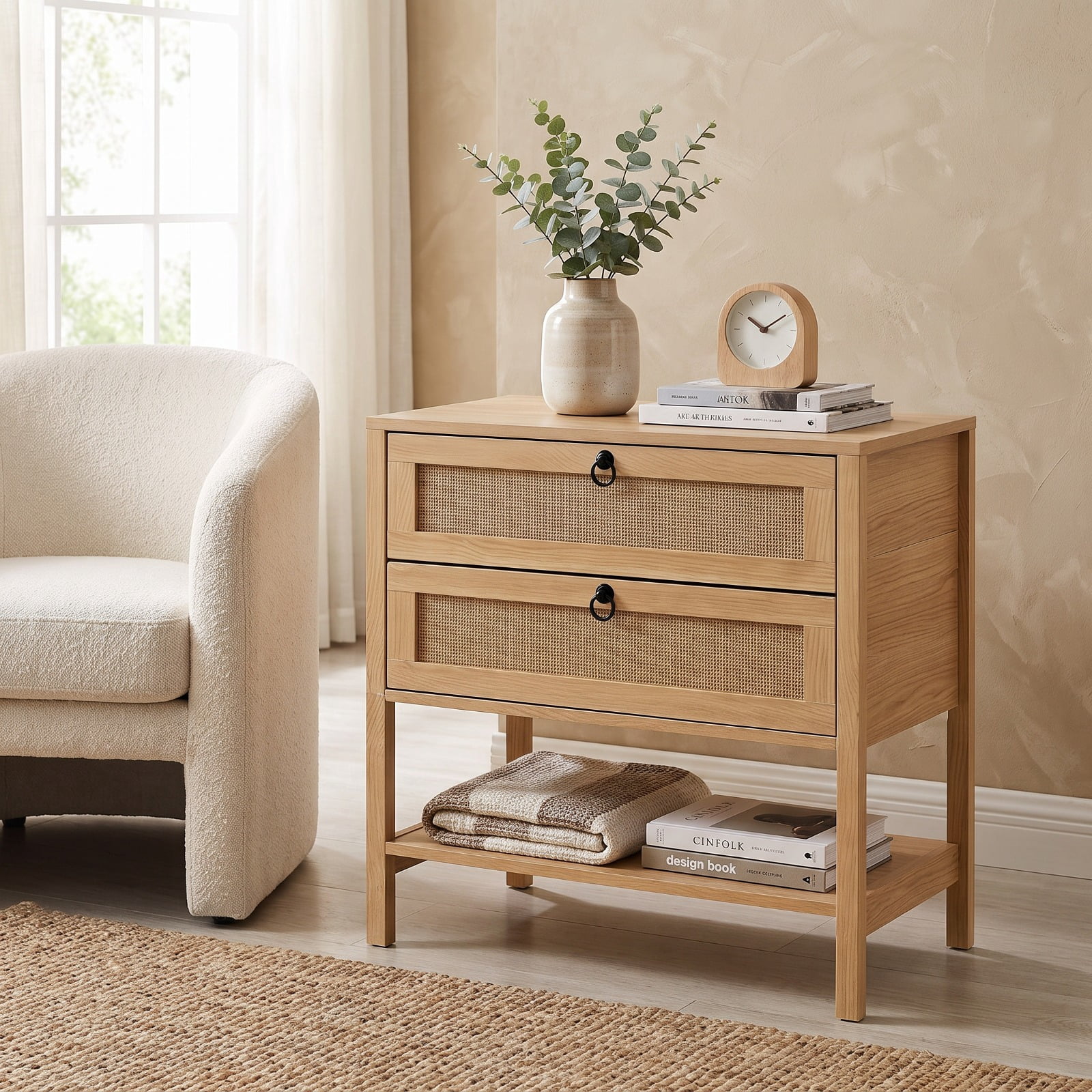 Furnibear Boho Rattan Nightstand with 2 Drawers and Bottom Open Shelf for Bedroom Living Room Bedside Sofa Side Small Space, Natural