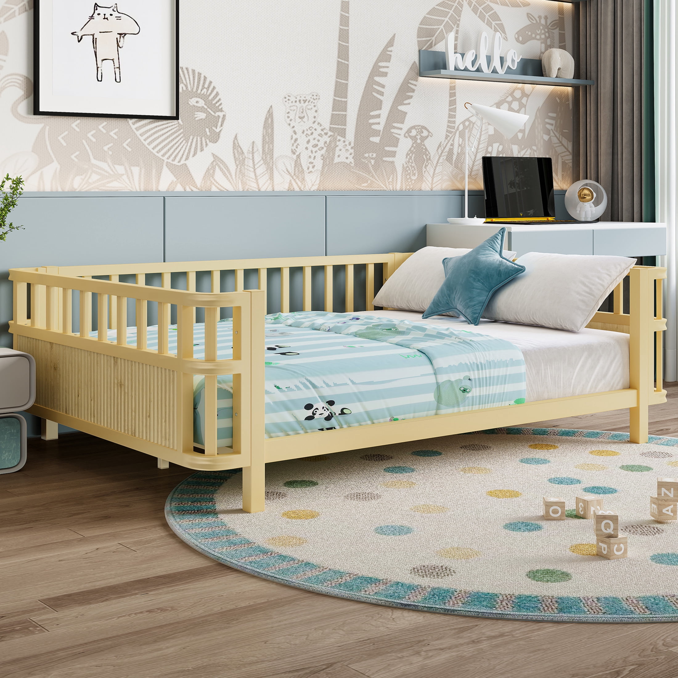 Noble House Full Size Kids Platform Bed Frame with Three-Sided Safety Guardrails, Removable Rail, Natural