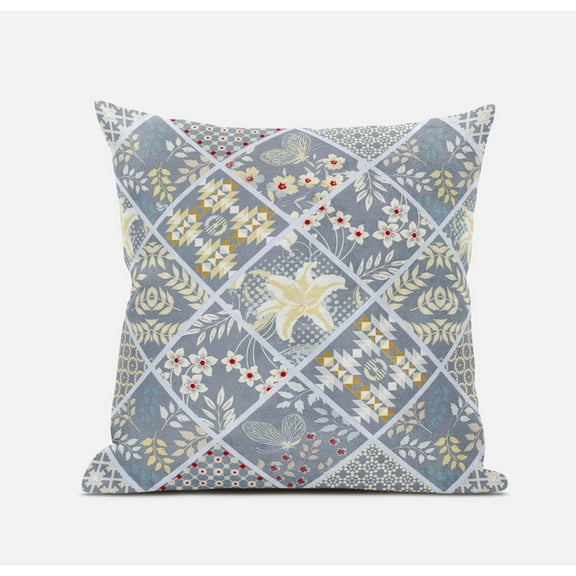 18" Gray Yellow Patch Suede Throw Pillow