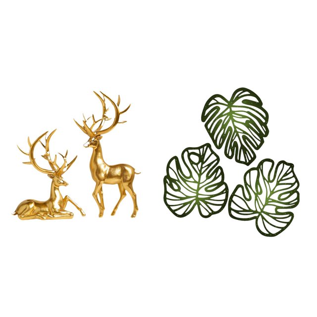 Figuras De Ciervos De Resina Y Hojas De Palma Para Decoración De Pared En Madera. Esculturas Creativas Para La Encimera De La Sala De Estar Y Arte De La Jungla Tropical Sobre La Cama.