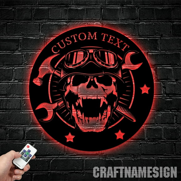 Craftnamesign Personalized Mechanic Skull Metal Sign LED Light, Custom Skull Name Sign Home Decor