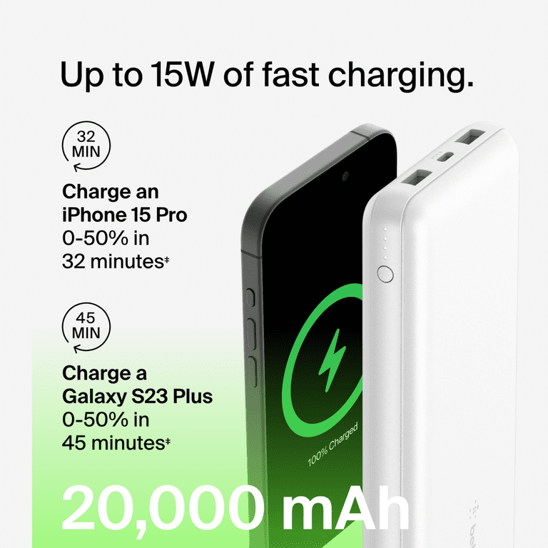 Belkin 20K Power Bank, USB-A & C 15W, White with Overcharge Protection,  Portable Power Pack - Walmart.com