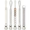 Pacifier Clips for Baby Boys Girls-5 Pack Silicone Beads Leather Braided Rope Paci Holder Fits All Baby Pacifiers Modern Unisex Baby Shower Set (White+Grey)