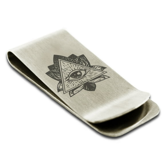 Stainless Steel All Seeing Eye Sacred Lotus Engraved Money Clip Credit Card Holder