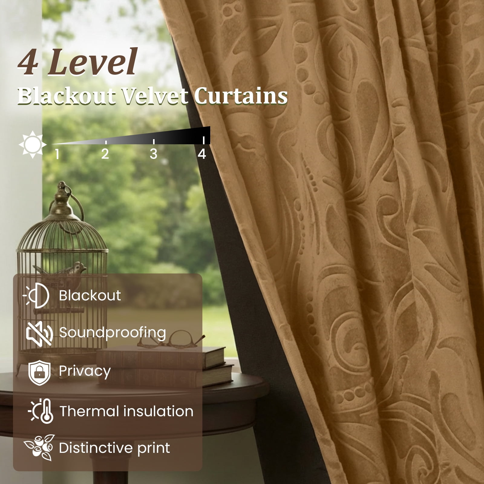 Lapalife Blackout Velvet Curtains, Scroll Floral Pattern Rod Pocket Thermal Insulated Velvet Curtain Drapes for Living Room, 2 Panels, 52"x 96", Golden Brown