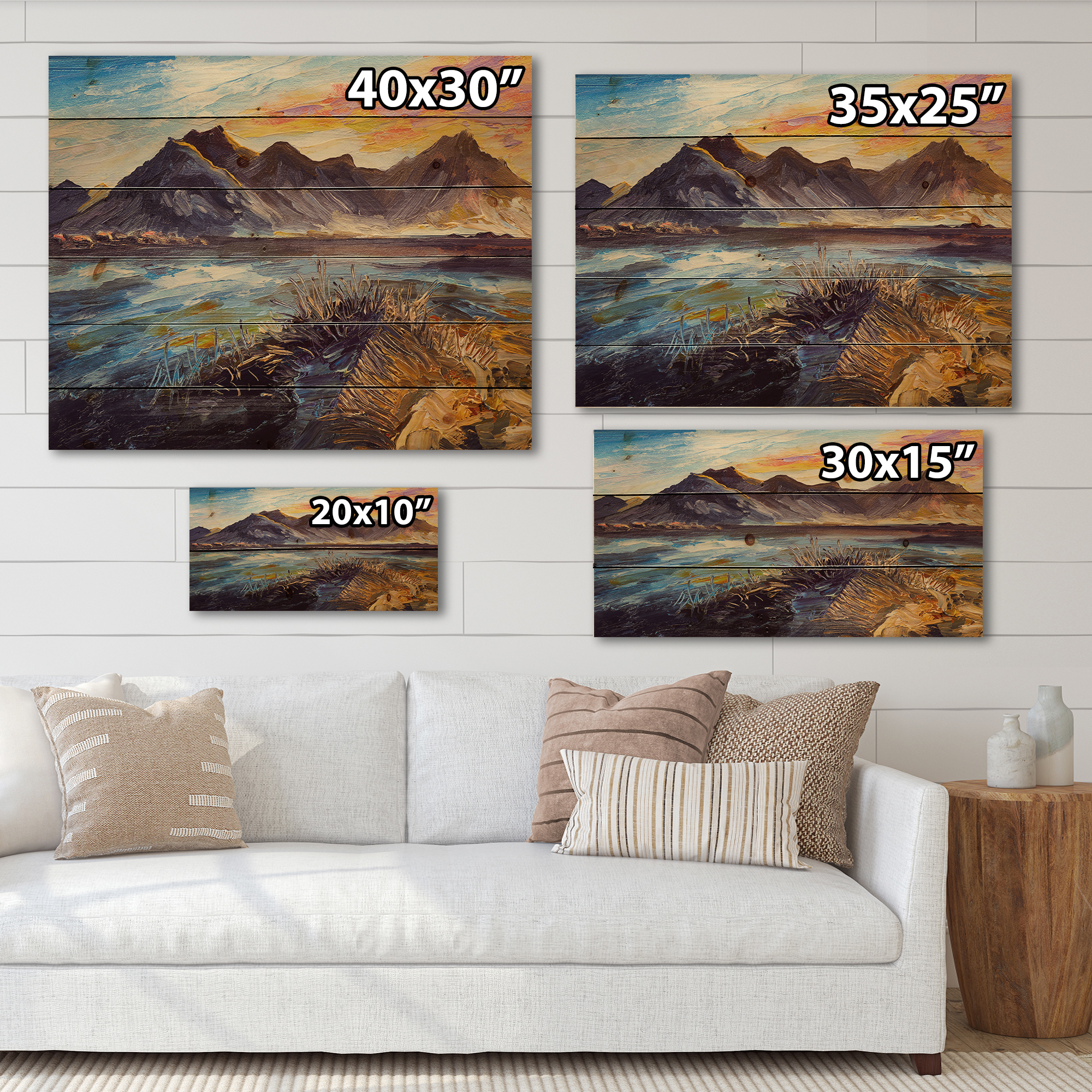 Designart 'Impression Pink Sunset Over The Mountains By The Sea' Nautical & Coastal Print on Natural Pine Wood