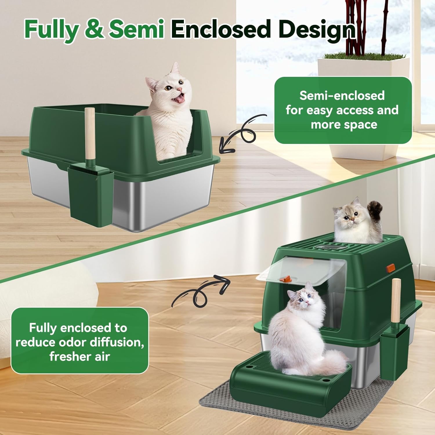 Stainless Steel Cat Litter Box with Removable Lid,Free in & Out Covered Metal Litter Box,Large Enclosed Litter Box with Litter Scoop & Mat, Easy Cleaning, Odor Free,Anti-Leakage for Kitty(Green)