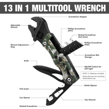 HSAPOW-13-in-1 Multi Tool Wrench Gift for Men Stainless Steel Camo Multitool Adjustable Wrench with LED Light EDC Pocket Knife with Sheath Multipurpose Multi Use Tool