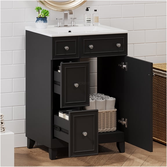 JERFIT 24 Inch Bathroom Vanity with Ceramic Sink, Black Freestanding Cabinet with 2 Soft-Close Drawers & 1 Door for Small Space