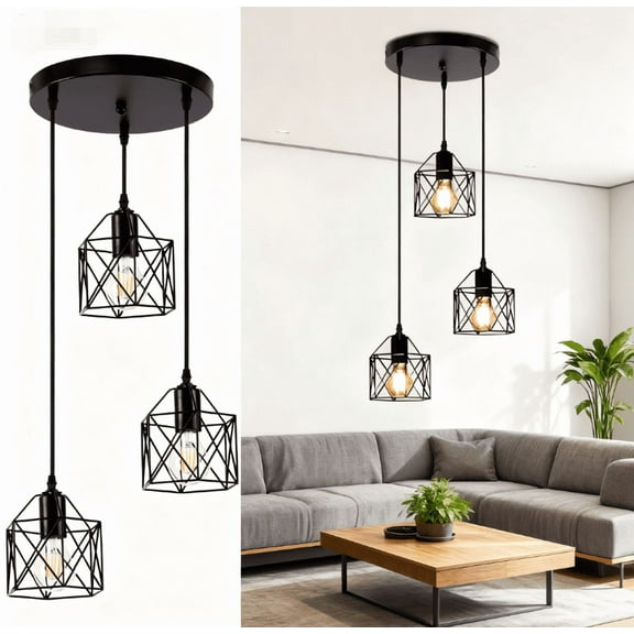 LapEasy 3-Light Pendant Lightf or Ceiling, E26 Base, Black Metal Cage Pendant Lamp for Bar,Dinning Room, Bedroom,Hallway,Kitchen