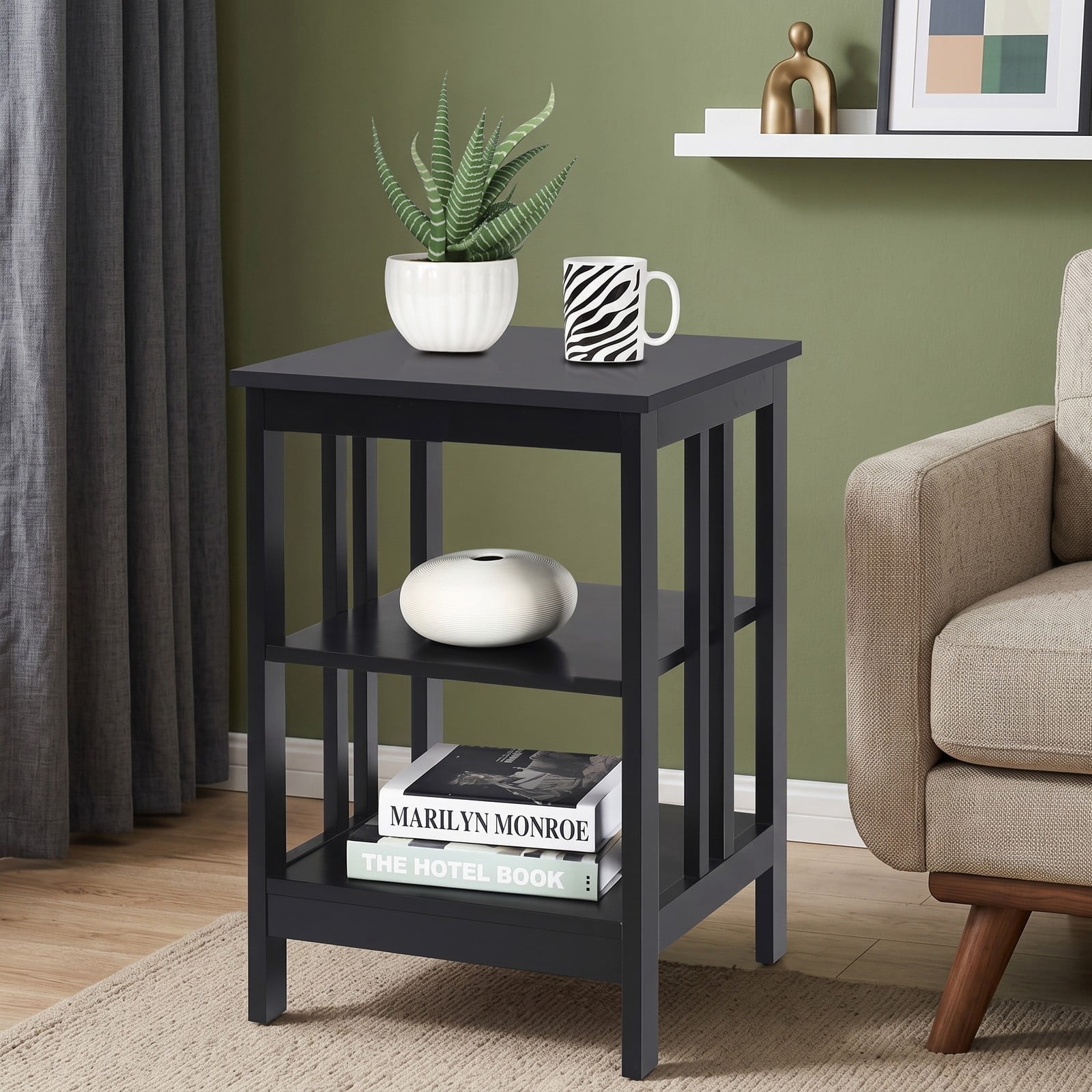 Furnibear 2 Pieces 3-Tier Nightstand, MDF Bedside End Side Table with Reinforced Bars, Open Shelf Storage Night Stand for Bedroom Living Room Entryway, Black