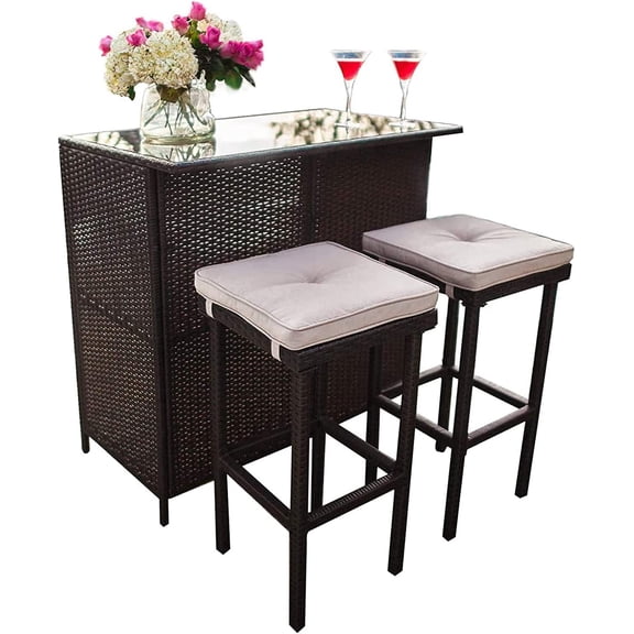 Outdoor Bar Set 3-Piece Brown Wicker Patio Furniture - Glass Bar and Two Stools with Cushions for Patios, Backyards, Porch, Gardens or Poolside