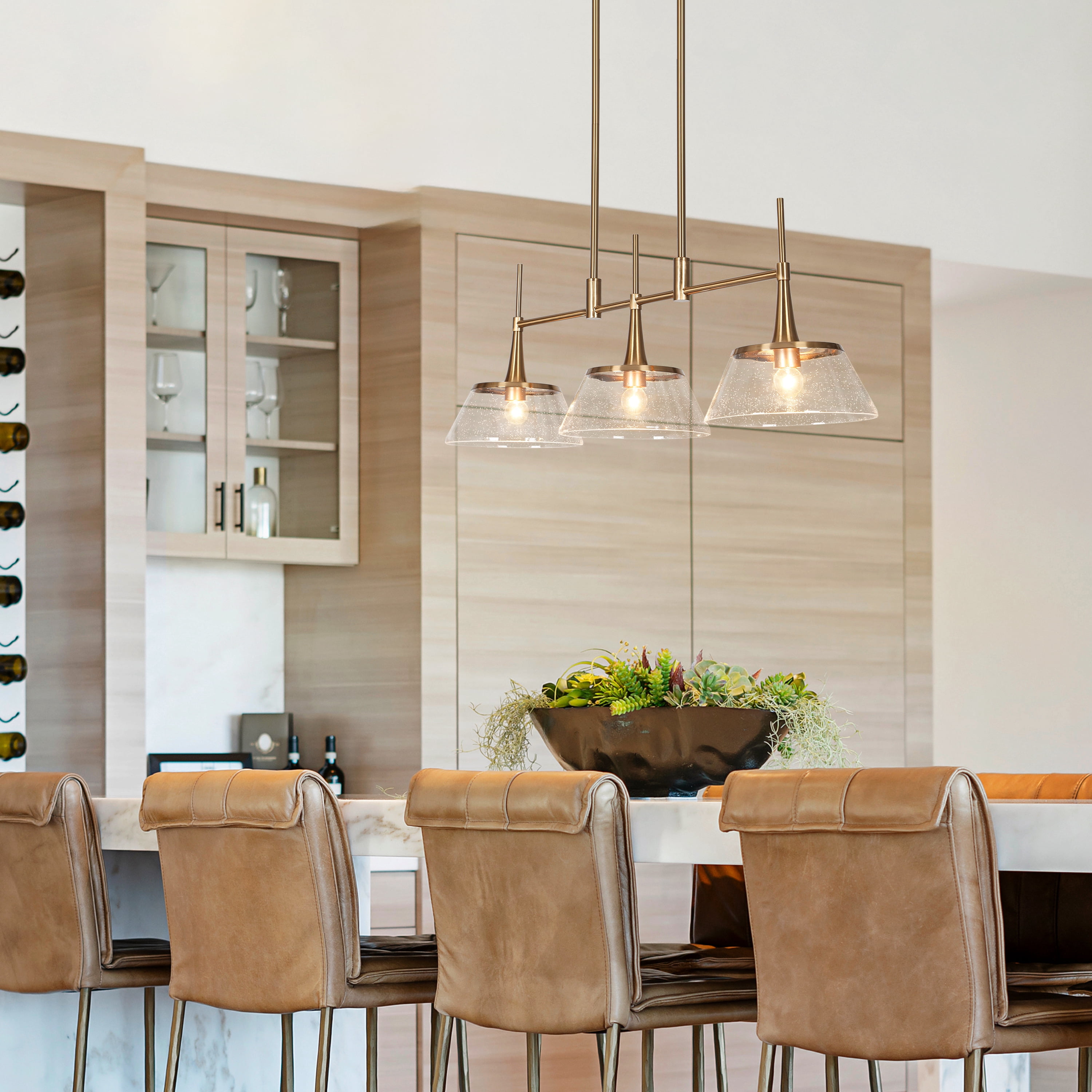 LNC 3-Light Linear Modern Brass E12 Hardwired Kitchen Island Pendant with Seeded Glass Shades