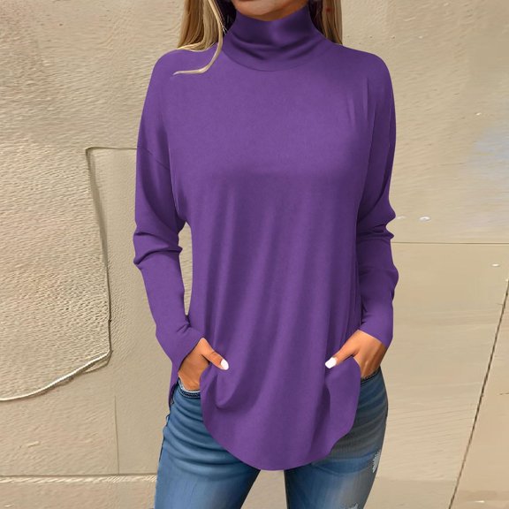 Graphic Tees for Women Casual Long Sleeve T Shirt Top for Autumn and Winter High Collar Solid Color Everyday Wear Stylish Women’s Top Purple XL
