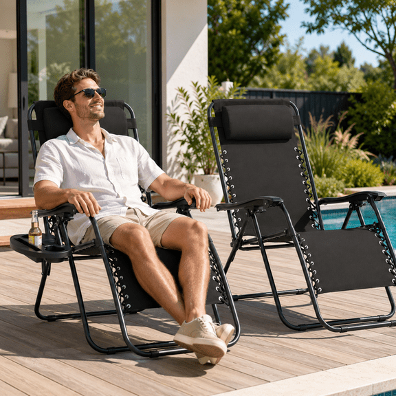 JOLLYDAY 2-Piece Zero Gravity Patio Chair Set, Folding Adjustable Recliners with Headrests and Detachable Cup Holder Trays, Black