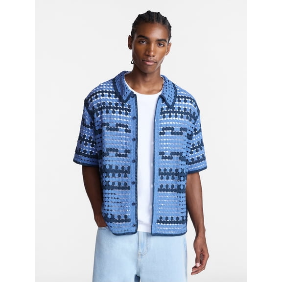 No Boundaries Men's Faux Crochet Boxy Fit Button Up Polo Shirt, Sizes XS-3XL
