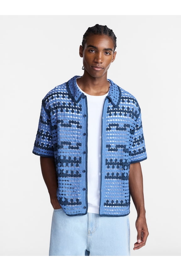Men's Faux Crochet Boxy Fit Button Up Polo Shirt, Sizes XS-3XL