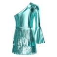 thumbnail image 6 of TiaoBug Kids Girls Latin Dance Outfit Shiny Metallic Fringe Dress One Shoulder Top with Tassels Skirts Set Blue 6, 6 of 7
