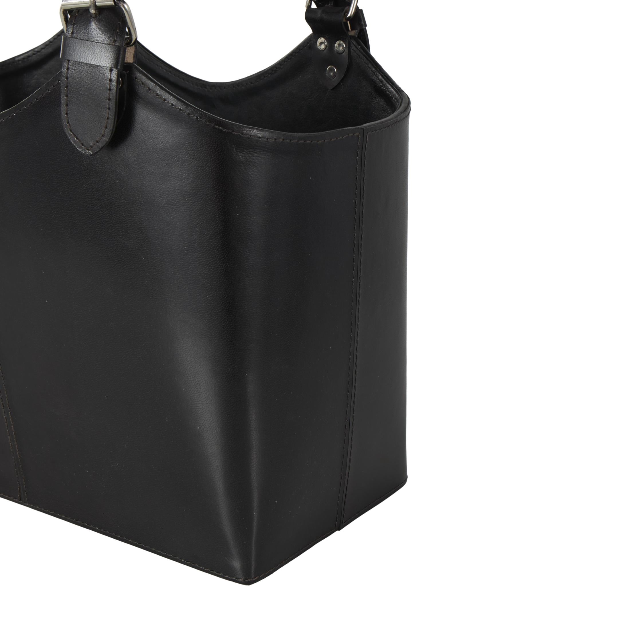 DecMode 18" Black Leather Handmade Box Style Magazine Holder with Detail Stitching and Curved Buckle Handles