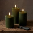 thumbnail image 2 of WYZworks Fluted Ribbed LED Pillar Candles, Loden Green, with Realistic Reflective Melted-Wax Effect – Flickering Flame, Remote, Dimmable, Flameless, Battery Operated, Home & Wedding Decor (Set of 3), 2 of 11