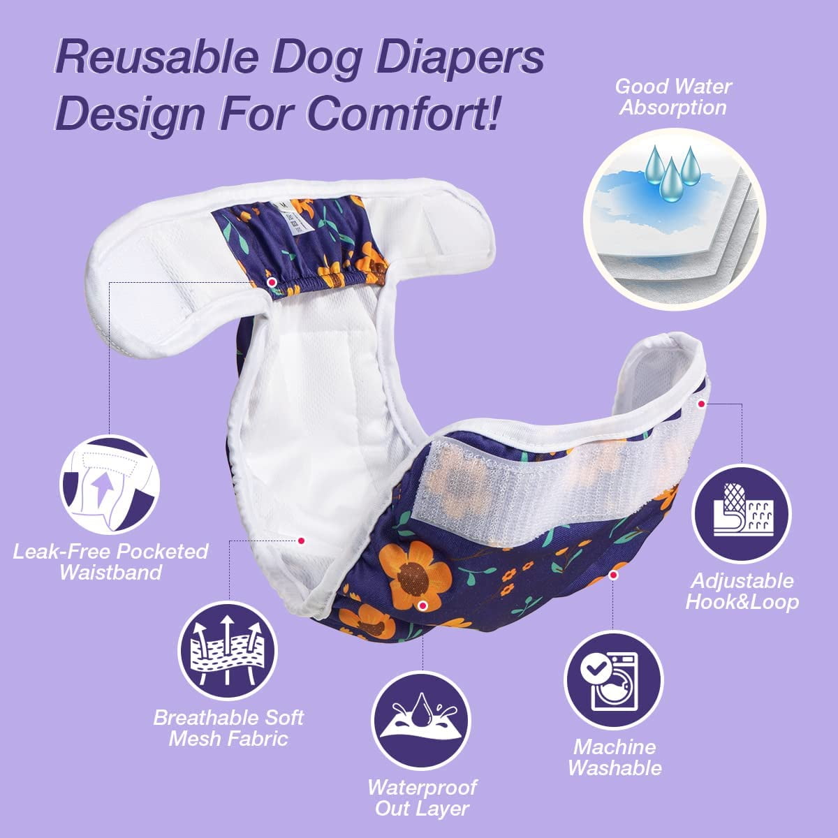 Pet Soft Washable Female Diapers Cute Flower Dog Diapers, Comfort Reusable Doggy Diapers for Girl Dog in Period Heat