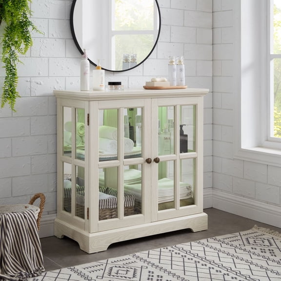 WGYPRIME 30.32" Display Cabinet with LED, Antique style Curio Cabinet with Adjustable Shelves and 2 Glass Lattice Doors, Elegant Bookcase and Storage Cabinet for Home Decor and Organization CHE