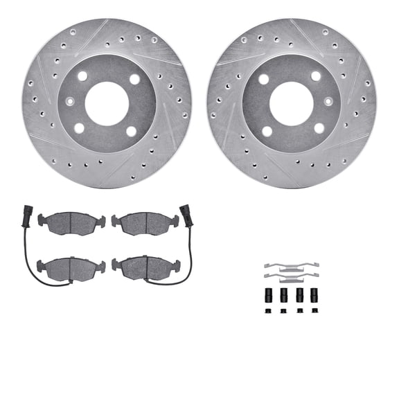 Dynamic Friction Company Front Brake Rotors-Drilled and Slotted-Silver with 5000 Advanced Brake Pads includes Hardware 7512-57001