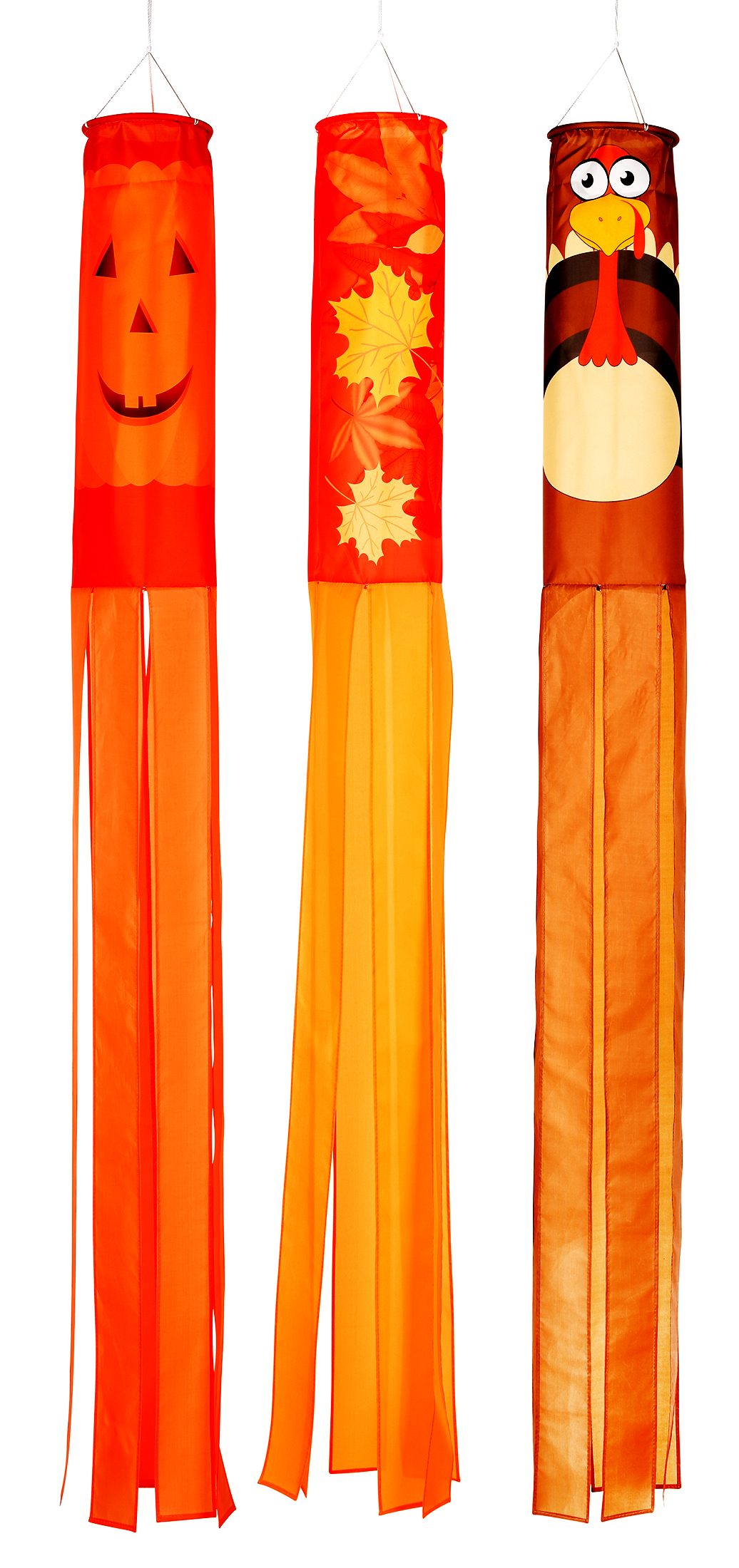 60" Fall Season Windsock Set of 3 Pumpkin, Leaves and Turkey by