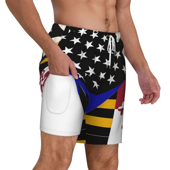 Men's 2 in 1 Swim Trunks with Compression Liner Thin Blue Line Maryland Flag Quick Dry Beach Shorts
