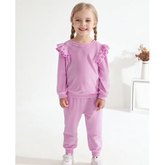 GYRATEDREAM Girls 2 Piece Outfits Kids Velour Sweatsuit Fall Tracksuits Ruffle Long Sleeve Pullover Sweatpants Clothing Sets