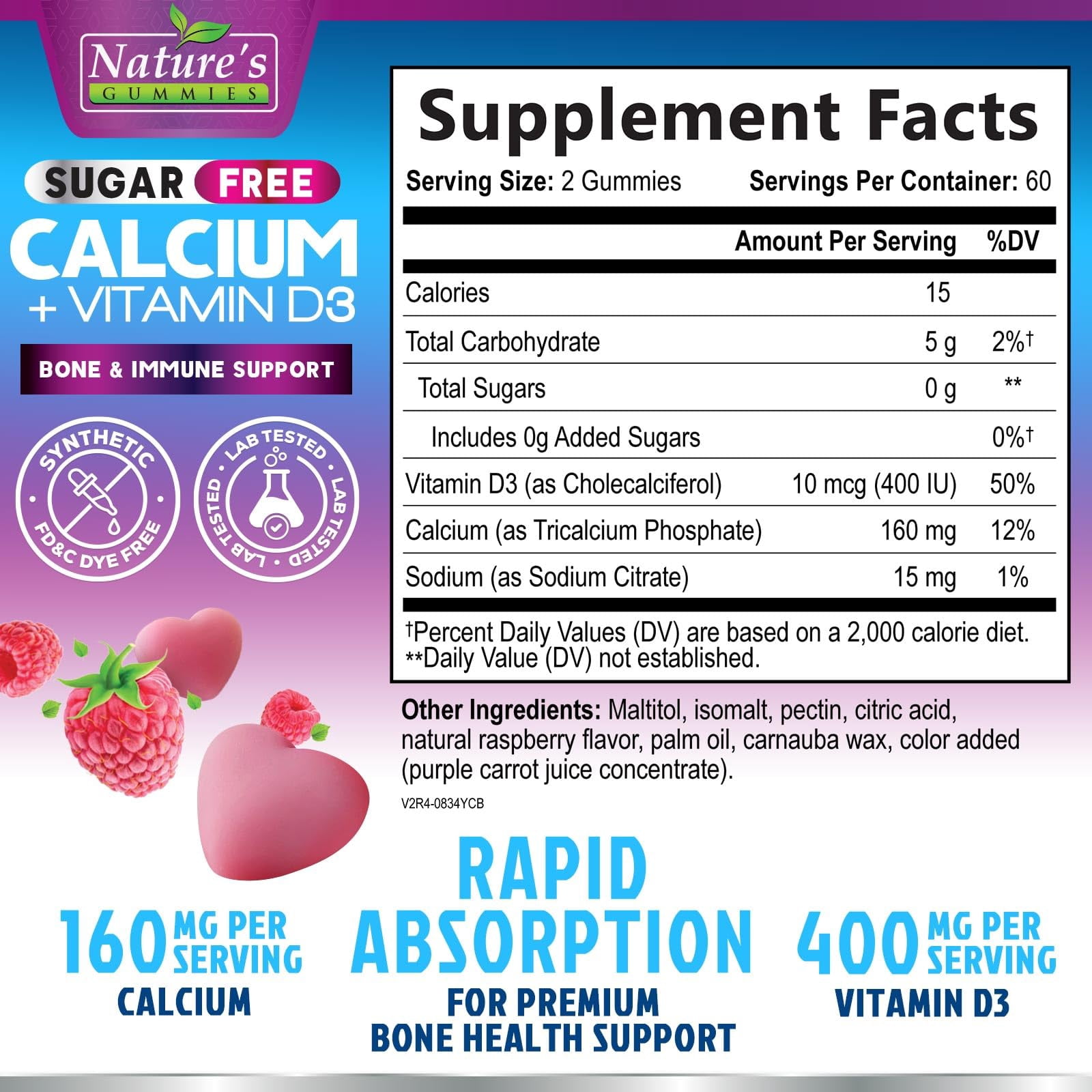 Calcium Supplement Gummies - Sugar Free Calcium Gummy with Vitamin D3 for Best Absorption - Supports Immune Health, Bones & Teeth - Nature's Calcium Chews for Women & Men - Berry Flavor - 120 Gummies