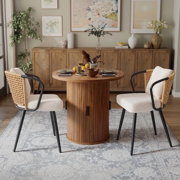 Hawsaiy 3-Piece Dining Table Set for 2, 31.5" Round Dining Table Set with 2 Rattan Dining Chairs, Modern Farmhouse Table Set for Dining Room (Walnut Natural)