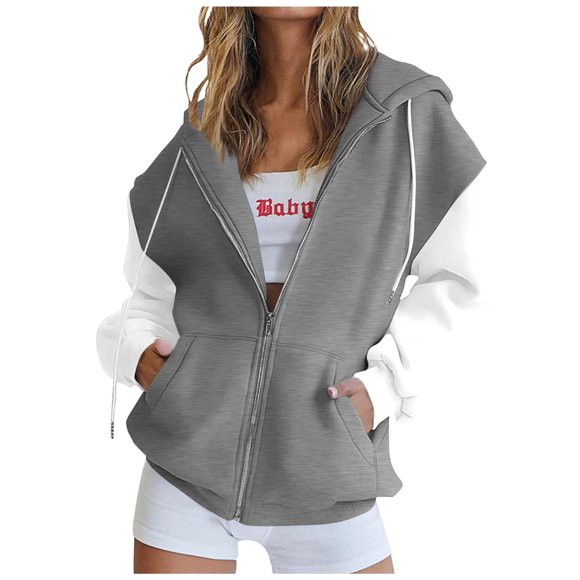 Womens Zip Up Hoodies Casual Color Block Long Sleeve Hooded Coat Fall Winter Trendy Comfy Daily Jacket with Pockets Gray XL