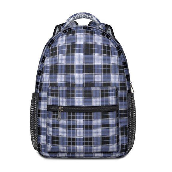 Blue and Black Checkered Pattern Backpack for School, Cute School Bag with Adjustable Shoulder Straps and Padded Back, 15.3"x11"x6.7"