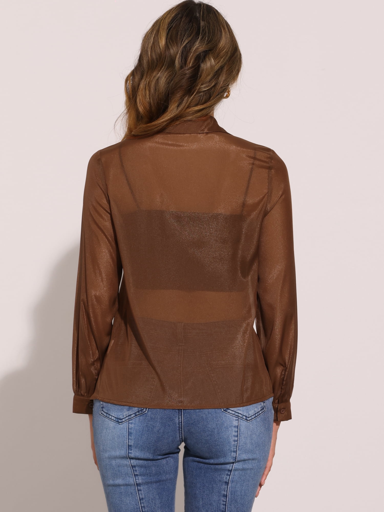 DARING DIVA Women's Mesh Sheer Tops Point Collar Button Down Shirt M Brown