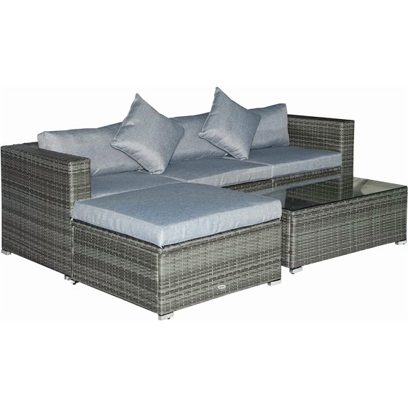 Outsunny 5-Piece Outdoor Sectional Furniture, Patio Wicker Couch, All-Weather PE Rattan Sofa Set with Cushions, Pillows, Glass Coffee Table for Garden, Backyard, Light Gray Mixed Grey