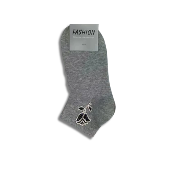 Women's Gray Ankle Socks with Rhinestone Rose Design
