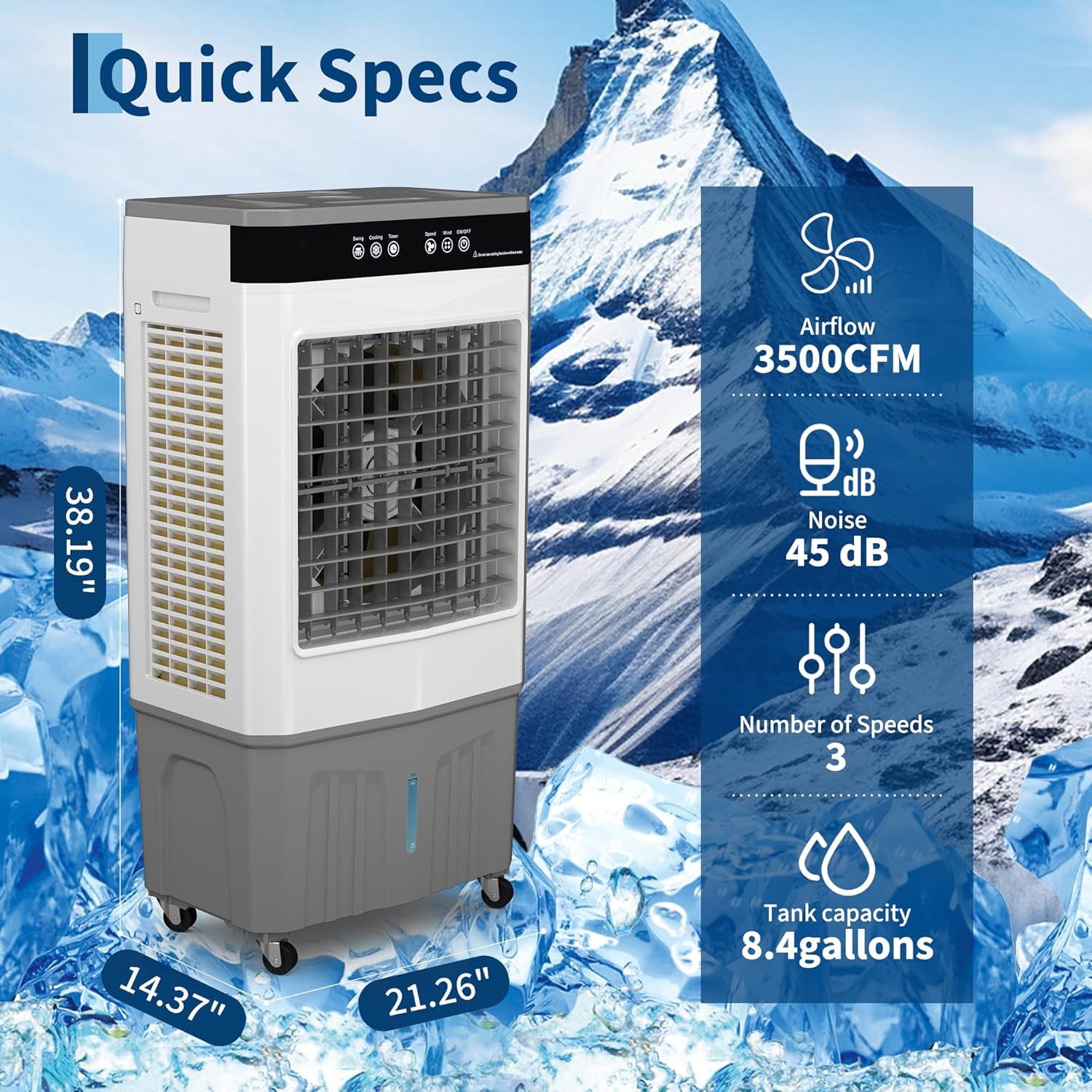 Memoryfield 3000 CFM Evaporative Air Cooler with 8.4 Gal Water Tank, 4 Ice Packs, Portable Cooling Fan for Garage & Workshop