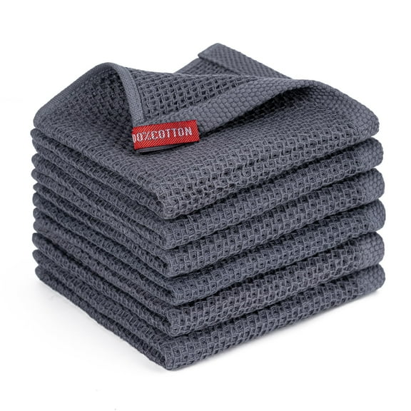 6-Pack Kitchen Towels 100% Cotton Waffle Weave, Ultra Soft Absorbent Dish Cloths for Drying Hands Dishes Countertops, 12x12 Inches, Dark Grey Grey