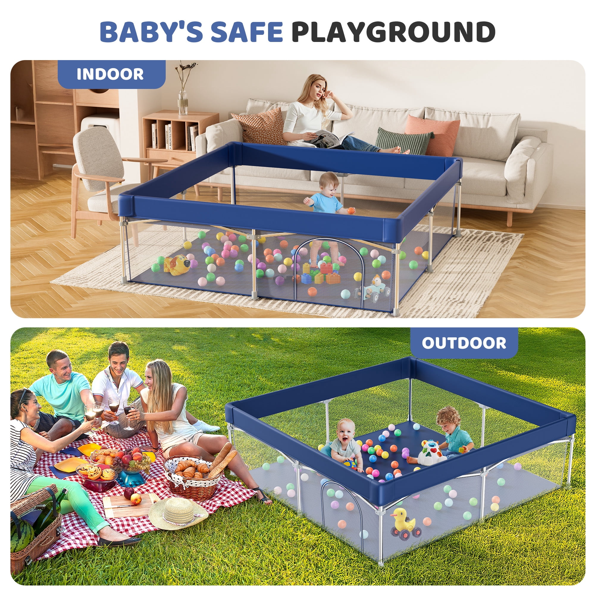 babyeap Foldable Baby Playpen,Playpens for Babies and Toddlers with Storage Bag,Indoor & Outdoor Baby Fence Play Pen Area,Navy Blue