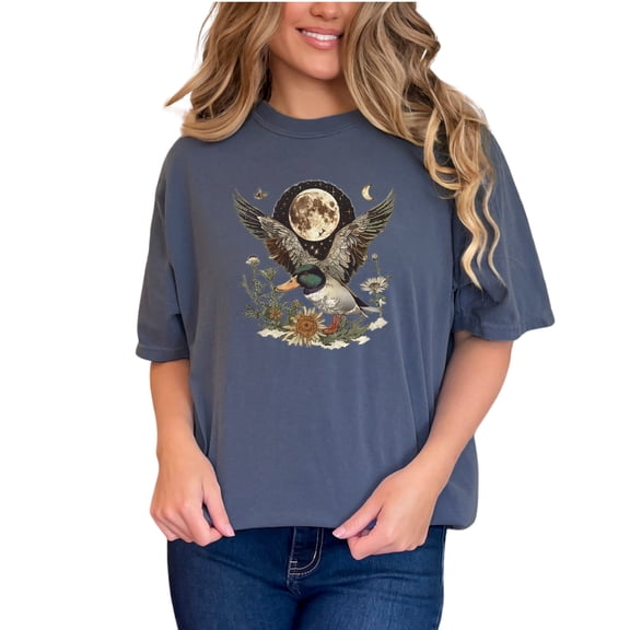 Vintage Moonlit Duck Graphic Tee, Unique Nature Wildlife Shirt, Retro Celestial Bird Illustration T-Shirt, Artistic Mallard Duck Tee, Denim Comfort Colors T-Shirt, Small