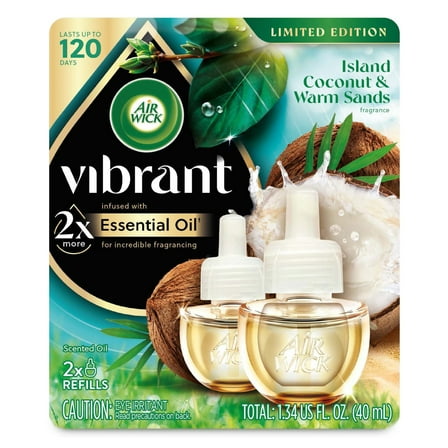 Air Wick Vibrant Plug-In Scented Oil Air Freshener Warmer Refills, Island Coconut and Warm Sands, 2 Count