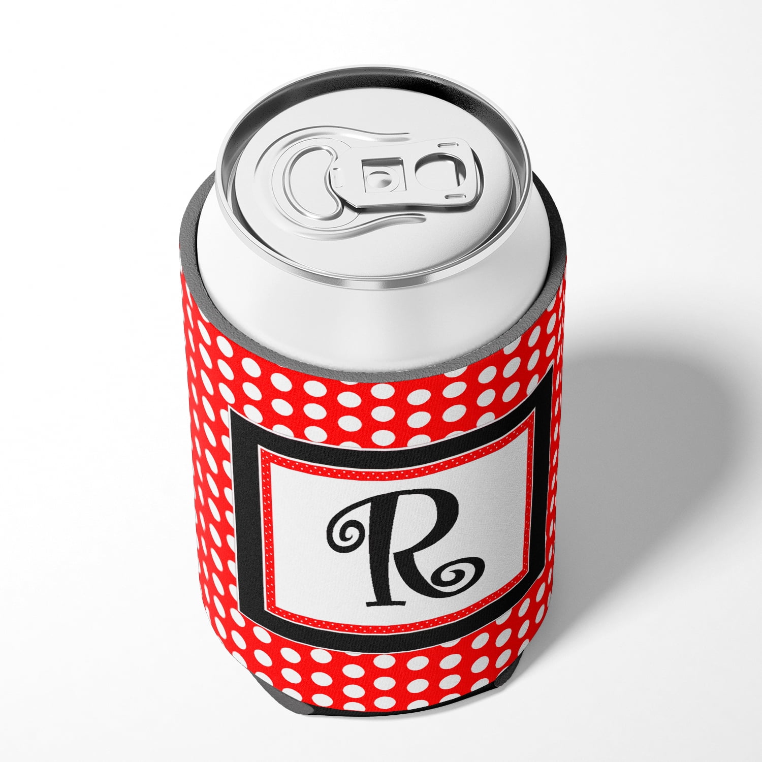 Letter R Initial Monogram - Red Black Polka Dots Can or Bottle Beverage Insulator Hugger