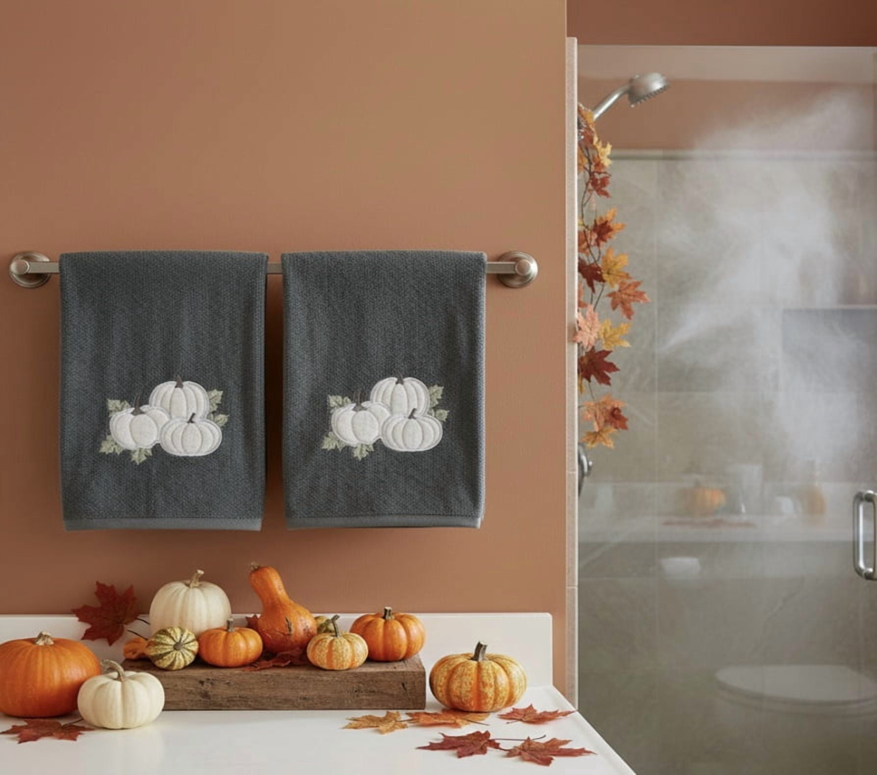 Serafina Home Luxury Holiday Fall Harvest Pumpkin Bath Towels, Embroidered Light Grey Pumpkins Leaves on Dark Gray Plush Velour Terry 100% Cotton, Set of 2, Measures 54" x 27"