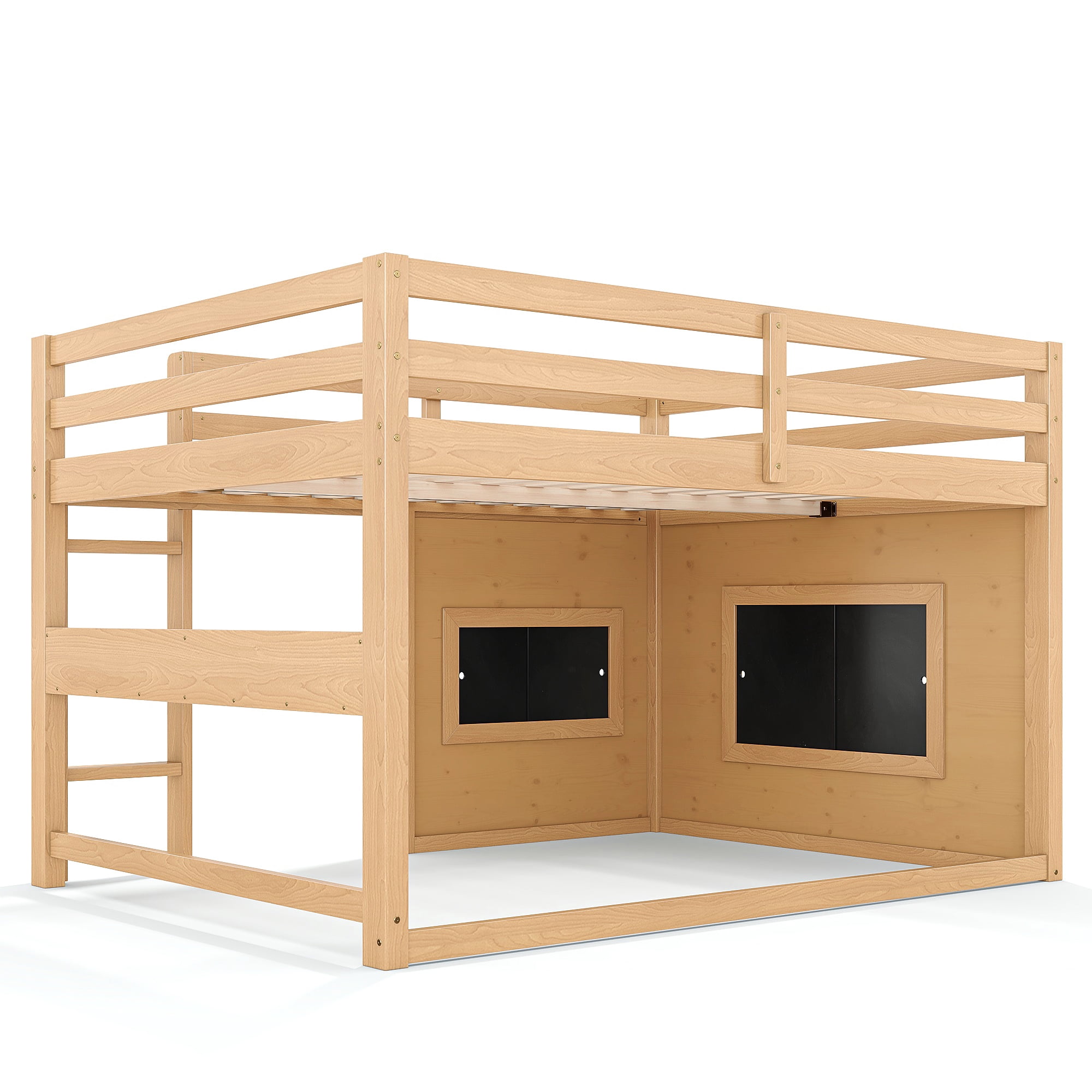 Leumius Full Size Loft Bed with Storage Shelves,Solid Wood Low Loft Bed Frame with Chalkboard and Bookshelf,Space Saving,Light Natural