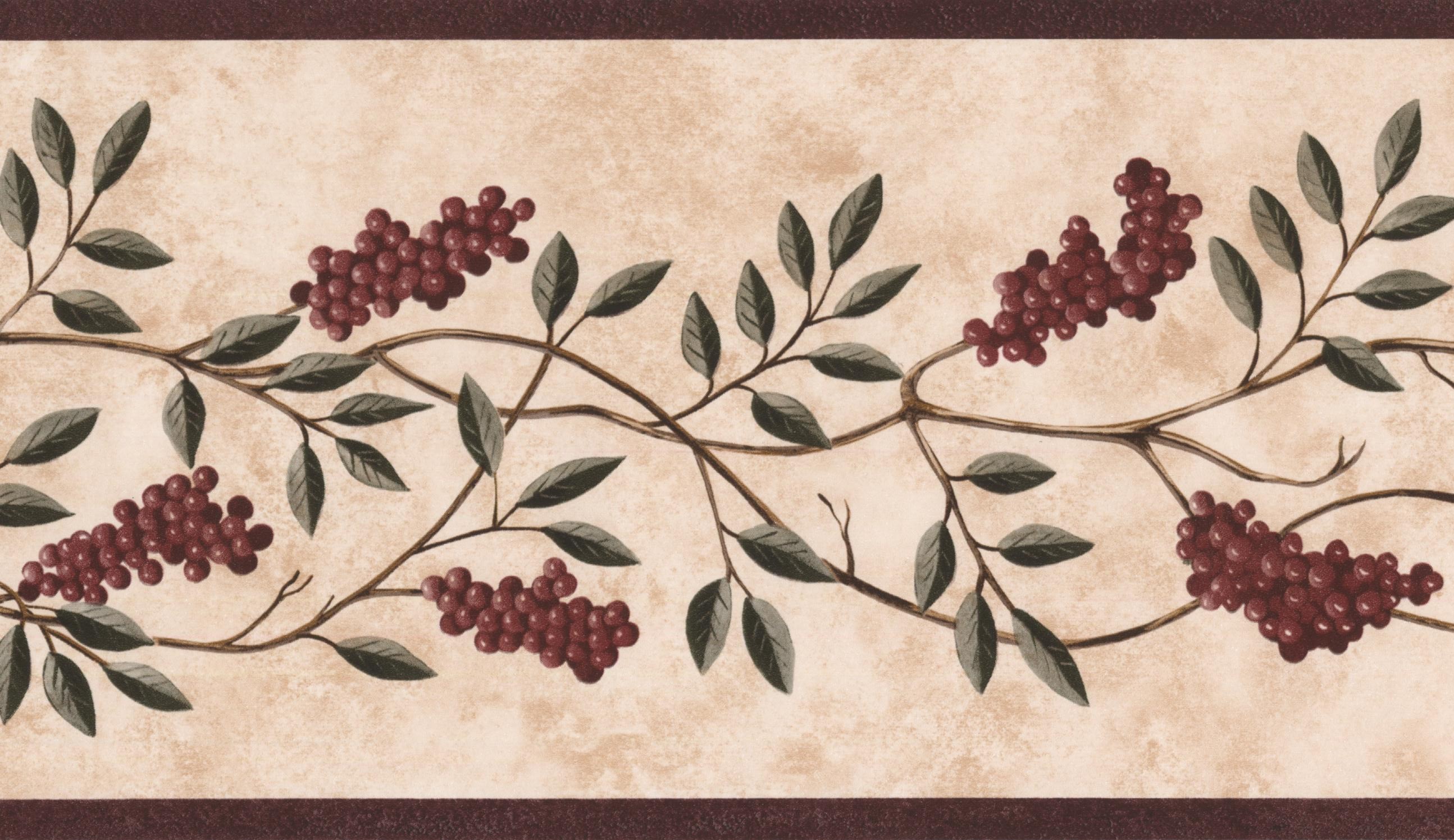 Wallpaper Border Red Berries on Vine Beige Floral Wall Border Retro