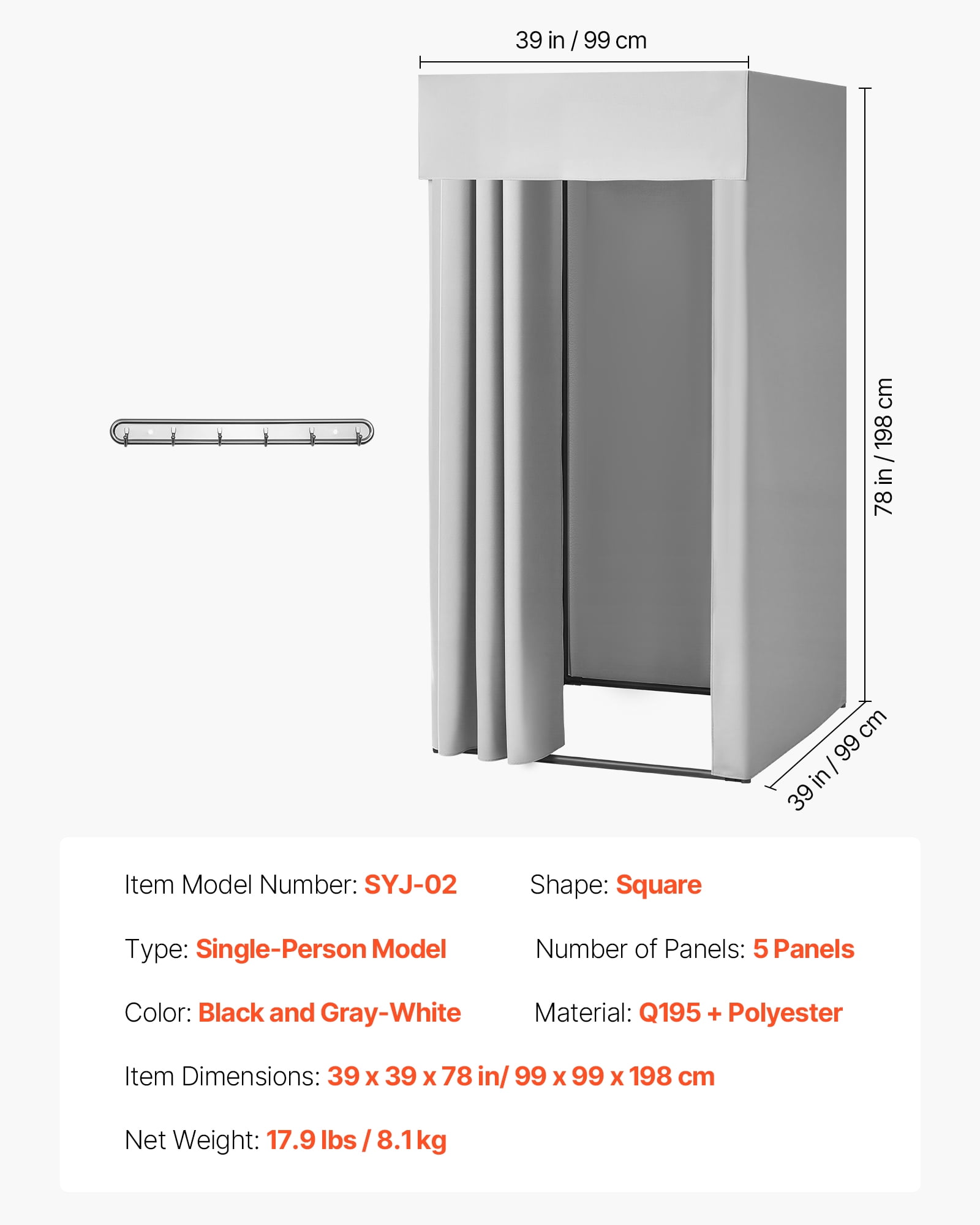 VEVOR Fitting Room, Dressing Room with Thick Polyester Curtains, Privacy Space with Shading Curtain and a Hook, for Boutique, Mall, Tailor's Store & Outdoor 39 x 39 x 78 in (Black and Gray-White)